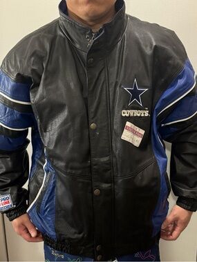STARTER Black and Blue Cowboys Leather Performance Jacket with Star Patch